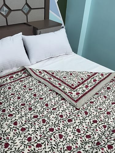 WORLDNEX 400 TC Pure Cotton Double Bed Soft Jaipuri AC Quilt/Razai/Rajai Floral Print,Jaipuri razai Double Bed for Winter Printed White, Pink (85 x 100 inch, Double Bed)