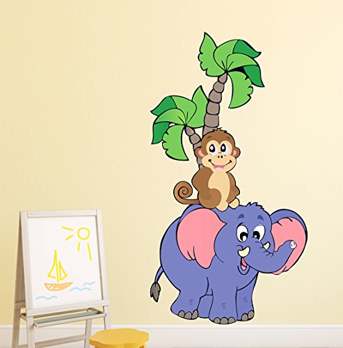 Wallzone Cartoon Elephant & Monkey Medium Vinyl Wallstickers for Kids (85cm x 50cm)