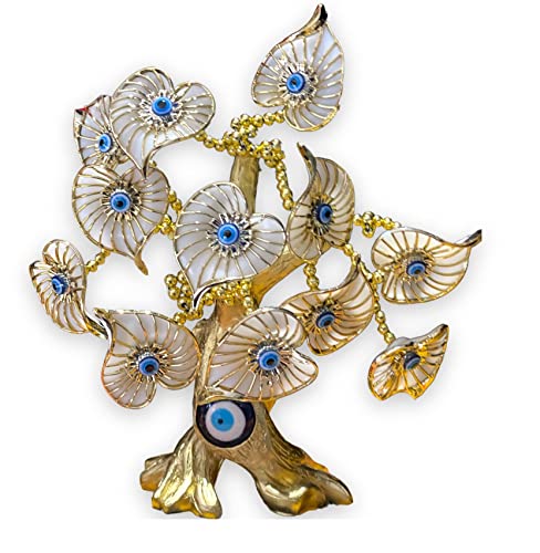 Blue Beads Golden Betel Leaves With Evil Eye Lucky Tree, Turkish Blue Evil Eyes Amulet Metal Table Centerpiece Ornament For Home Office Decor Protection Gift