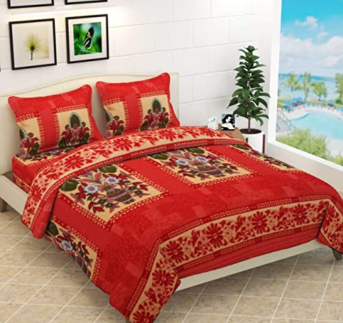 Amazin Homes Warm Winter Poler/Fleno Flat Bedsheet for Double Bed King Size (90X90Inches) with 2 Pillow Covers Size 18X28 TC 150 (Red)