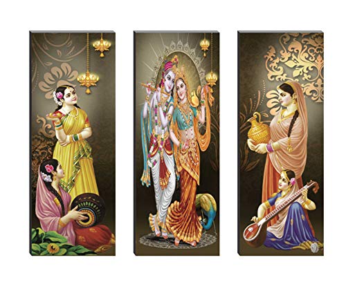 SAF Set of 3 Radha Krishna Playing Flute 6MM MDF UV Textured Self Adesshive Painting 18 Inch X 15 Inch SANFJ195