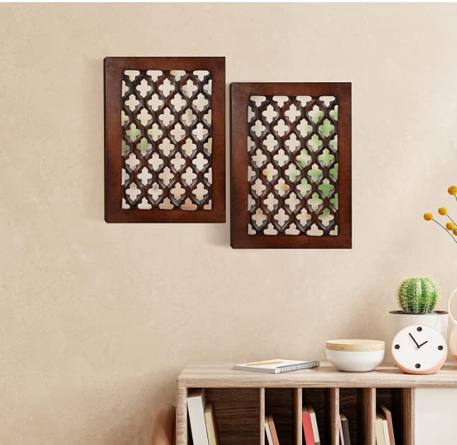 WHF Wood Painted�Wall�Hanging Jharokha Inside Mirror,�Wooden�Wall�Hanging,�Wooden�Wall�Panel (8.5x11.5,) inches Set of Two.(�Brown), Rectangular, Framed