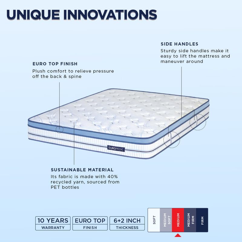 duroflex Posture Perfect - Doctor Recommended |5 Zone Dual Density Orthopedic Support Layer |Heat Away Technology | 8 Inch Single Size| 3 Zone Pocket Spring Mattress with Euro Top, (75x36x 6+2 Inch)