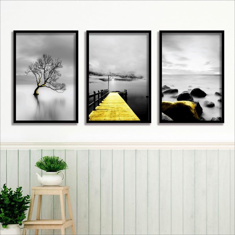 SAF paintings Set of 3 Water Bridge And Tree Wall Painting for Home Decoration SA-BLACKCF33596