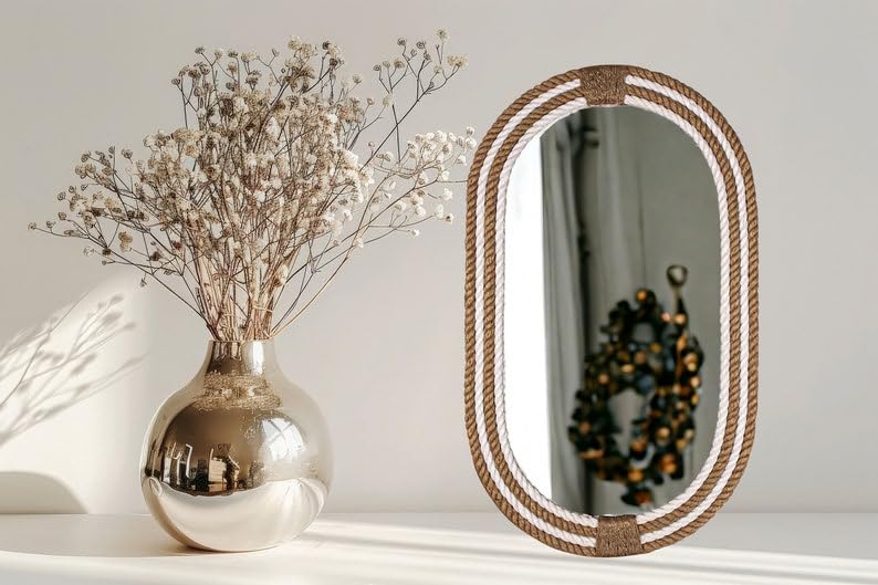 Big international handicraft Wrapped Round MDF Rope Mirror White & Brown Colour (Rectangular, 30×18)