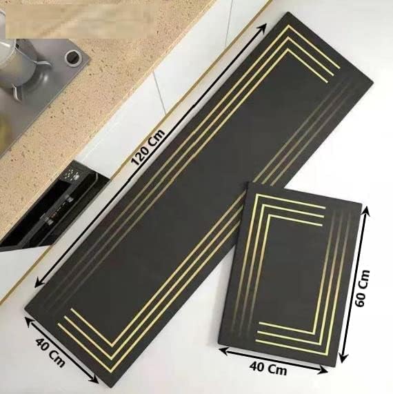 HomeCloud Rubber Kitchen Mats for Floor Set of 2 Pcs | Non-Skid, Soft Absorbent Rugs for Kitchen, Laundry, and Hallway | 120x40cm, 40x60cm| 4mm Thickness | Gold_Linning_Black