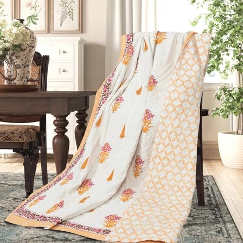 LOARSHY Cotton Hand Block Printed Pure Razai King Size Rajai/Quilts/Razzai - Yellow/Pink (Size 90X108 INCHES)