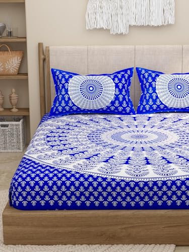 DWARDROBE Bedsheet Cotton for Double Bed, with Matching 2 Pillow Covers, Floral Printed Double Bedsheet, 160 TC, Breathable and Wrinkle Free Soft Bedsheet (90x100Inches) (Blue)