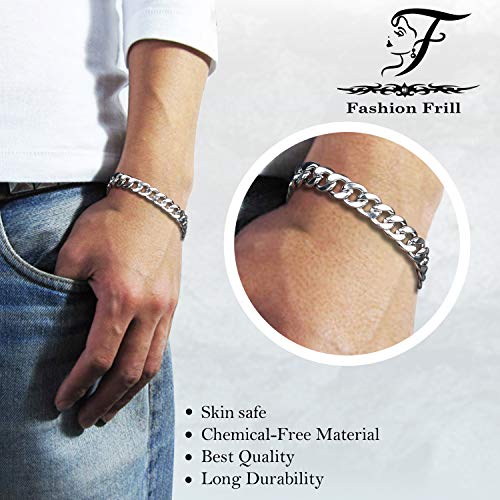 Fashion Frill Stylish Silver Plated Stainless Steel Chain Style Silver Bracelet For Men Boys Mens Bracelets 8.5 Inches