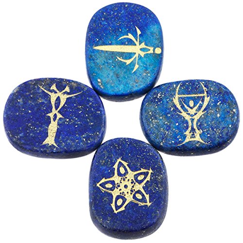 SUNYIK Engraved Tarot Symbol Stone Set of 4, Polished Flat Crystal Palm Stones Kit for Reiki Healing Balance and Meditation Divination, Lapis Lazuli