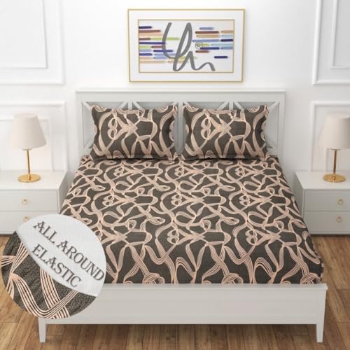 YaAkholic Cotton Feel All 360° King Size Bedsheet with Elastic Fitted and 2 Pillow Covers (72x78x8 Inch) Fits Upto Mattress of 8 Inches | Brown Abstract