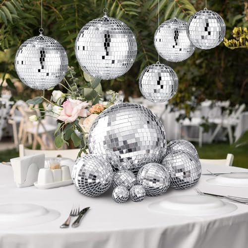 The Glamorous Silver Mirror Disco Balls with Elegant Hanging Rings - Elevate Your Event with These Stunning 12'', 8'', 6'', and 4 Inch