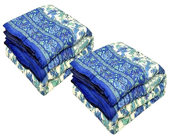 fashhub Cotton 240 TC Single Bed Rajasthani Traditional Jaipuri AC Quilt | Pack of 2 (85" x 55", Blue)