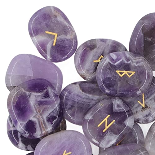 Stones Set, Natural Rune Stones Set Smoother Engraved Fine Polishing with Storage Bag for Gift (Amethyst)