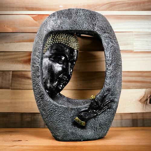 SEPBORN Oval Shaped Buddha Water Fountain with Shower, Decorative and Gifting Item with LED Lights Water Pump Black