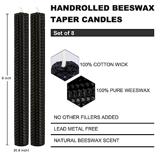 8PCS 9" Black Hand-Rolled Beeswax Taper Candles, Real Pure Beeswax, Handmade Honeycomb Candles, Flat Top