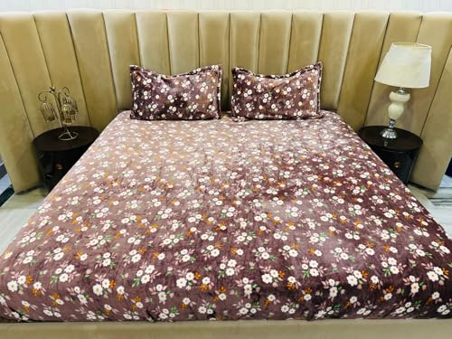 Byloom New Winter Edition Velvet Fitted Warm King Size Bedsheets (Size 274 x 274 cms), with 2 Pillow Covers (Size 48x68 cms) (Brown Flower)