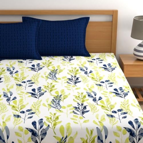 Home Ecstasy 100% Cotton Double Bedsheet for Double Bed, 140 TC, 1 Bed Sheet (Size 87 x 92 inches) with 2 Pillow Covers (bedsheet Set in Gift Box), Blue