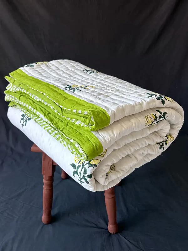 THE JAIPUR WALA Organic Mulmul Cotton Quilt -Green Mint Double Size