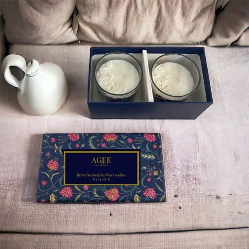 AGEE Blue Floral Gift Set - Scented Candles (Set of 2)- Happiness and Prosperity - 100% Soy Wax - Non-Toxic - Ecofriendly - Long Lasting Aromatherapy Candles