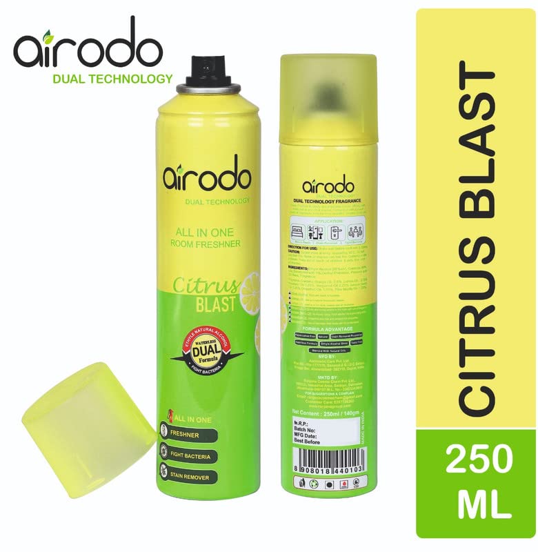 AIRODO Citrus Blast Air Freshener with Dual Technology, Easy Push and Spray, Stain Removal Floral Crush, All in One Room Freshener for Home and Office (250ml, Pack of 1)