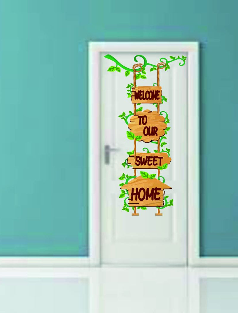 Kaushiki Wall Welcome to Our Sweet Home Wall Door Sticker, 121 cm x 56 cm, Multicolour, Botanical Desg-09