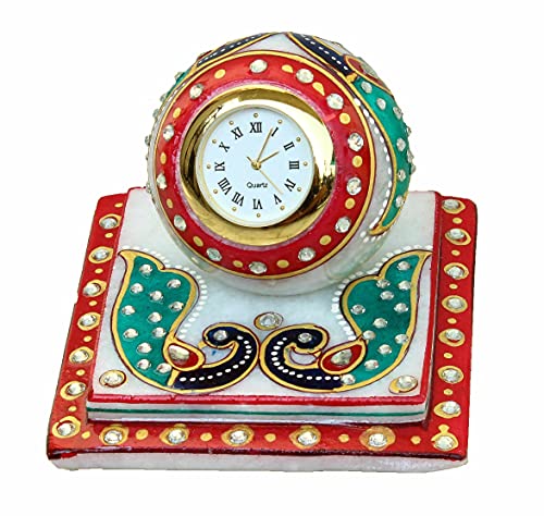 Anticia Marble Table Clock with Meenakari Work on Ball Shape Desk Tile Watch for Office (4 X 4 inch) ANMA2010