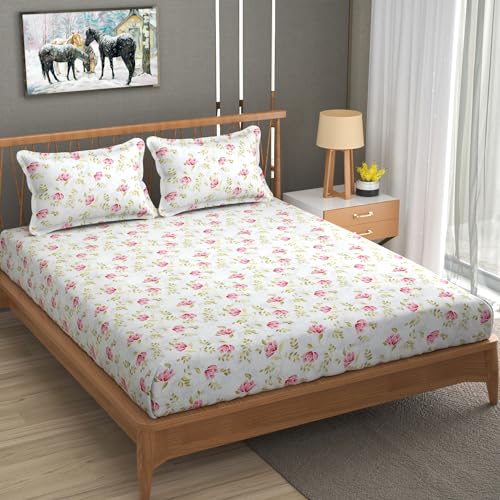 UrbanArts 180TC Glace Cotton Double Bedsheet with 2 Pillow Cover (90 x 90 Inch), Bedsheet for Double Bed, Pink