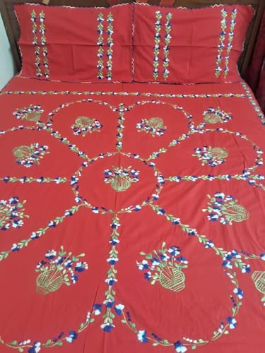 Nice Things Handwork Embroidery Bedsheets 200 Thread Count, Red Color 010