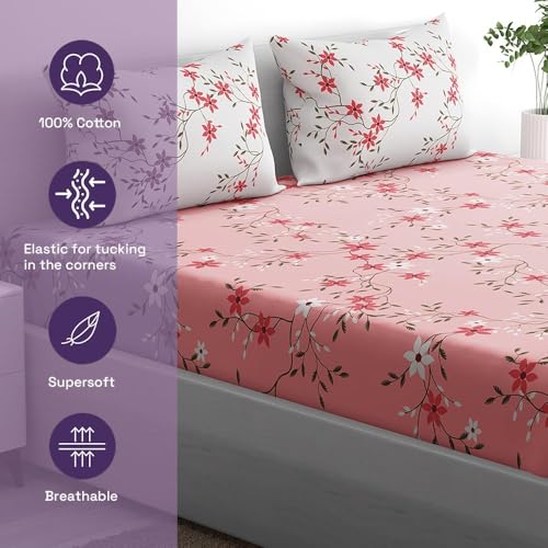 100% Cotton 152 TC Fitted Bedsheet with 2 Pillow Covers | Sakura Queen, 72" x 60", Sakura| 1.83m x 1.52m