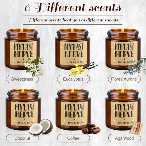 Threlaco 6 Pcs Scented Candles Gifts for Women Men Funny My Last Nerve Candle Jar for Mom Rustic Oh Look It's on Fire Soy Wax Candle Gag Gift Candle for Teacher Friend Sister Birthday Gifts, 6 Scents