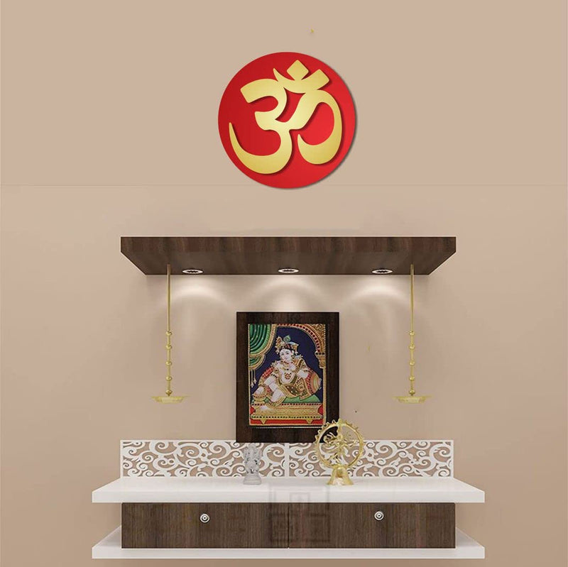 Asmi Collections Beautiful 3D Acrylic Golden & Red Om Wall Sticker for Temples