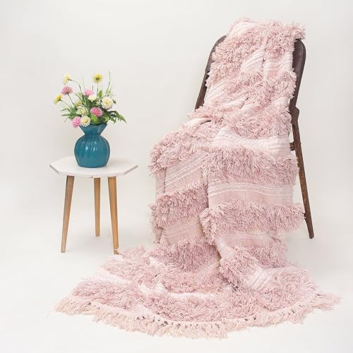 DMAASA Pure Cotton Pink Fur Sofa Throw | 50x70 Inch Twill Size Throw for Chair, Couch, Bed, Living Room, Knitted Throw | Multipurpose Soft Cozy Lightweight Breathable Throw Easy Machine Washable