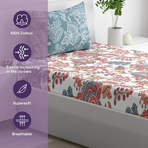 100% Cotton 152 TC Fitted Bedsheet with 1 Pillow Cover | Coco Single, 72" x 30", Coco| 1.83m x 76cm