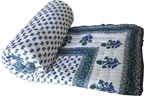 Namastey India Double Bed Size White Jaipuri Cotton AC Quilt Razai Floral Prints for Winters (Blue)