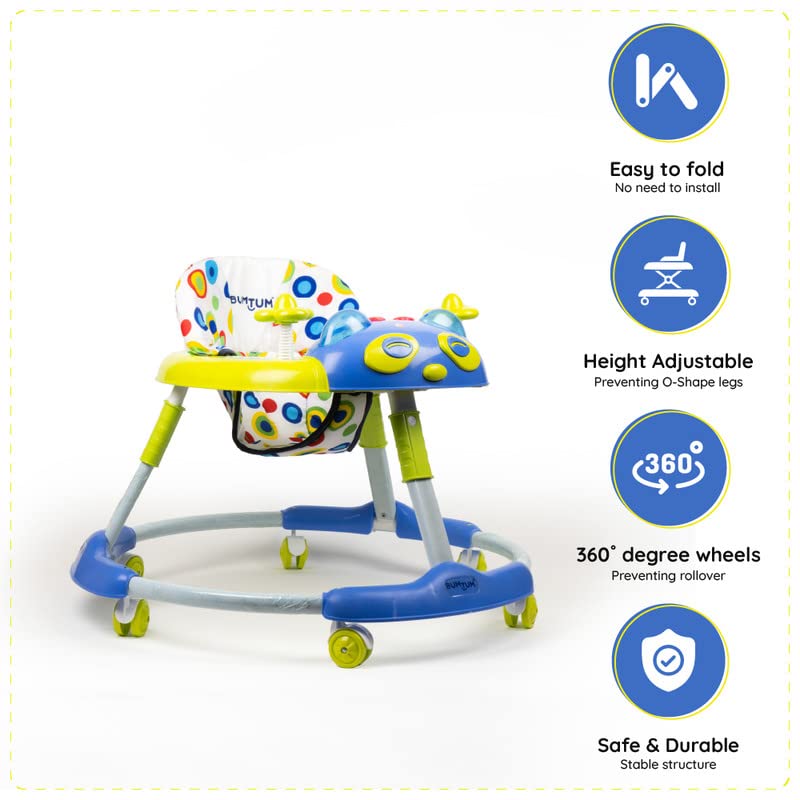 BUMTUM Baby Walker | Baby Walker with Parental Handle, Music & Stopper | Blue & Yellow Kitty Walker | 6-48 Months | Multifunctional & Adjustable