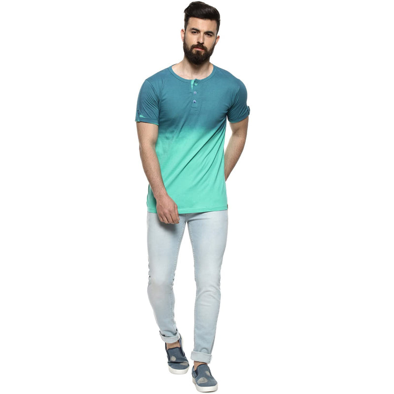 Campus Sutra Men's Blue and Mint Ombre Henley Neck Short Sleeve Regular Fit T-Shirt for Regular Wear | T-Shirt Crafted with Comfort Fit and High-Performance for Everyday Casual Wear