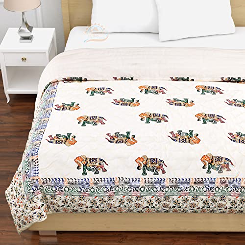 LOARSHY Pure Cotton Elephant Traditional Rajasthani Hand Block Printed Jaipuri Quilt/Razai/Rajai [Light Weight, Multicolor, Single Bed - 60x 90 Inches]