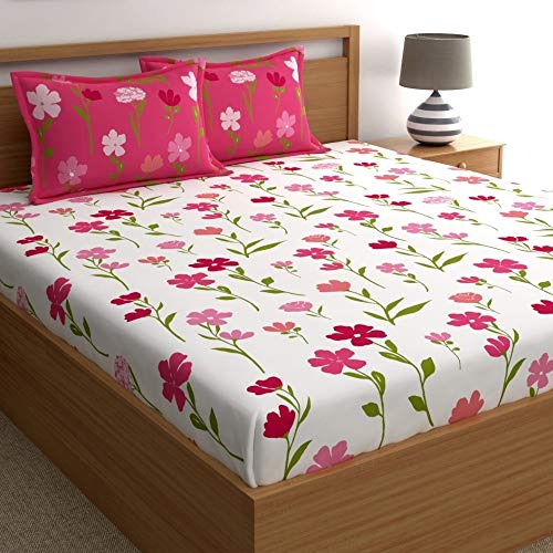 Home Ecstasy 100% Cotton Fitted Bedsheet for King Bed, 200 TC, 1 Bed Sheet (Size 72 x 78 inches) with 2 Pillow Covers (bedsheet Set in Gift Box), Dark Pink