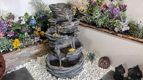 SEPBORN Outdoor Water Fountain, 5 Tier Cascading Rock Design, 40" Height Decoration Gift Gifting with Light and Water Pump