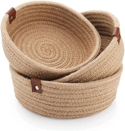 S.S Enterprises Mini Rope Storage Natural Handwoven Jute Shelf Round Basket For Your Home & Kitchen (Small,Medium,Large) - Pack Of 3 (Set Of 3 Pieces, Beige)