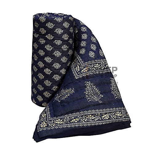 HOPEE Shop 400 TC Pure Cotton Fabric/Filling Rajasthani Traditional Designs Printed Light Weight Jaipuri Double Bed Quilt/Razai/Rajai - Blue (85X100 INCHES