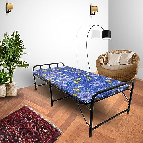 PALMEN Folding Bed Single for Sleeping, 2 Inch Soft Mattress Top Single Size Cot 3x6 ft (Powder Coating Black Matte Finish)