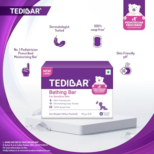 Tedibar Moisturising Baby Bathing Bar 75gx3(Pack of 1) with Skin Friendly PH|100% Soap Free|Dermatologically Tested and No. 1* Pediatrician Prescribed Moisturising Bar - By Torrent Pharma