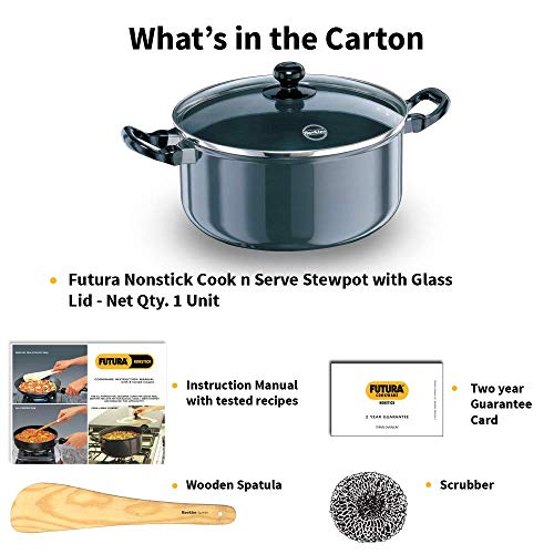 Hawkins Futura 5 Litre Cook n Serve Stewpot, Non Stick Pot with Glass Lid, Cooking Pot with Lid, Black (NST50G)