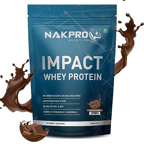 NAKPRO Impact Whey Protein 1kg | Isolate & Concentrate | 24g Protein & 4.9g BCAA | With Digestive Enzymes for better Absorption | Lab Tested 100% Authentic Supplement Powder & No Adulteration - Chocolate Flavour