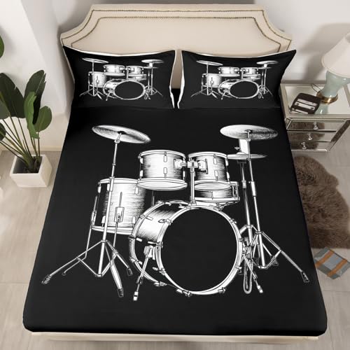 Drum Kit Fitted Sheet Drum Bed Sheet Set for Boys Girls Children Rock Music Themed Bedding Set Rock Music Themed Bed Cover Black White Instruments Print Room Decor Bedding Sheet Full Size 4Pcs