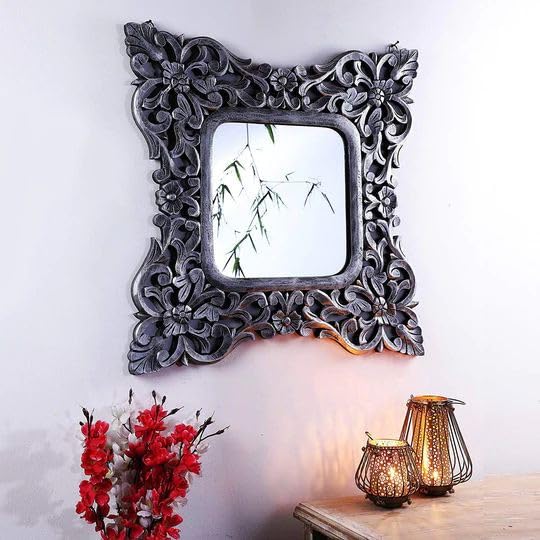 TOUCH WOOD HANDICRAFT Wall Hanging Wooden Mirror Frame, Mirror Frame for Living Room Bedroom Office Bathroom Hand Carving Design Antique Black Colour 24x24 Inch