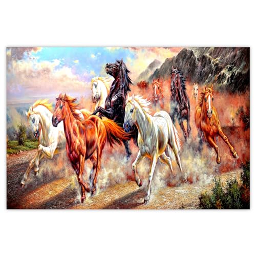 Indianara Rolled Sparkled Vastu Seven Running Horses Art Print for Room Décor Digital Reprint 36 inch x 24 inch (10257PST)