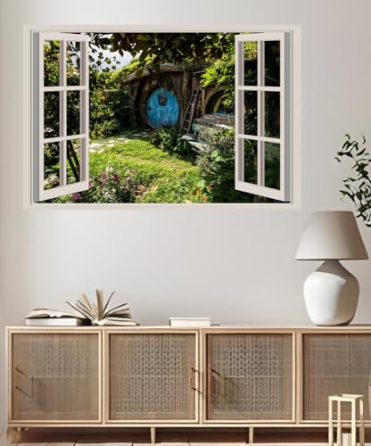 JVERF - JZZA25292 New Zealand Parks Houses Hobbiton Matamata| Self-Adhesive Open Window Wall Sticker